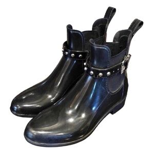 Halogen Women's Rain Ankle Boots Size 6 Black Glossy Studded Belted Ankle Boots